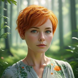 Young Woman in Floral Blouse in Forest