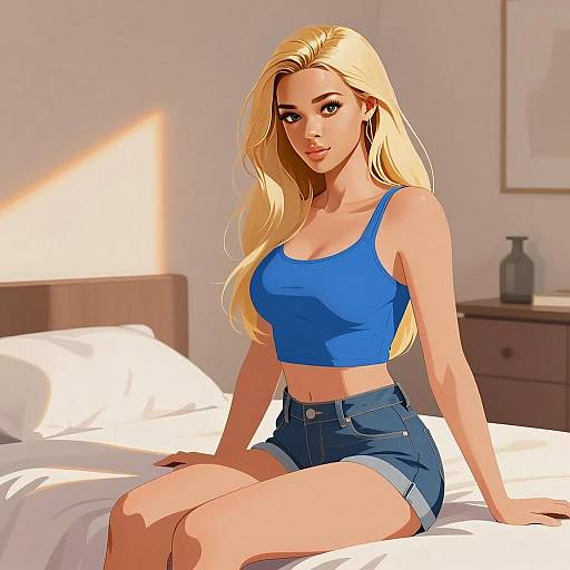 Stylish Blonde Woman in Blue Crop Top and Denim Shorts Sitting on Bed Digital Art