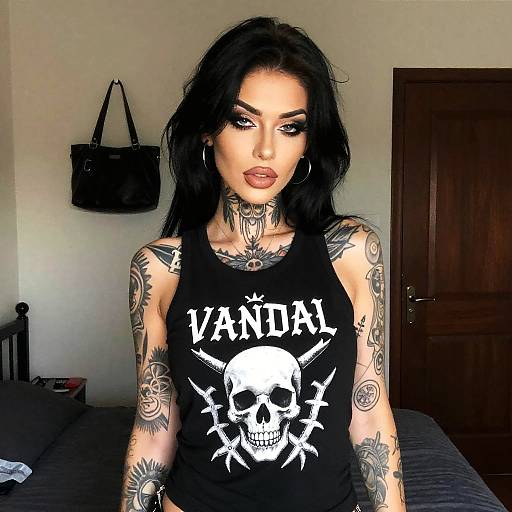 Tattooed Woman in Black 'VANDAL' Skull Graphic Top with Edgy Style
