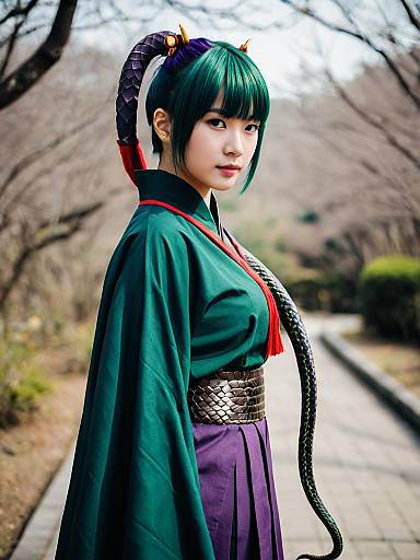 Adagumo no Saragimaru Anime Cosplay Woman in Green and Purple Costume