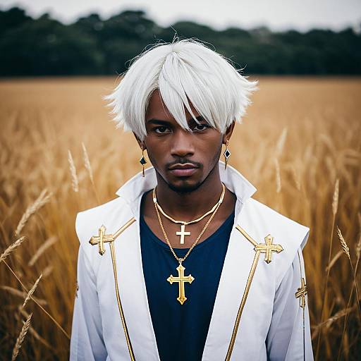 Amakusa Shirou Inspired Man with White Hair and Golden Cross Jewelry in Wheat Field