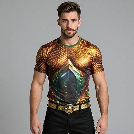 Man Wearing Gold Armor Graphic T-Shirt with Star Belt Accessory