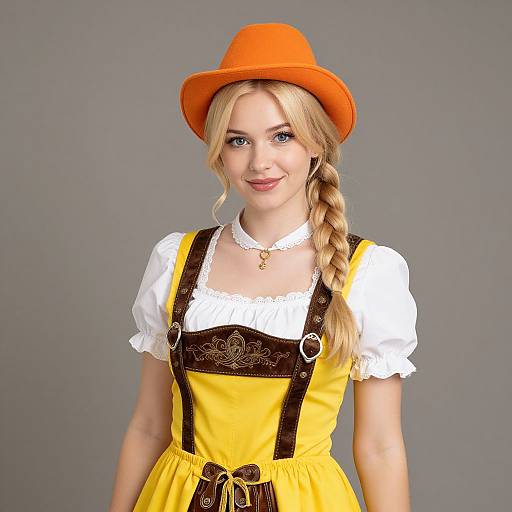 Young Woman in Traditional Bavarian Dirndl Dress with Orange Hat
