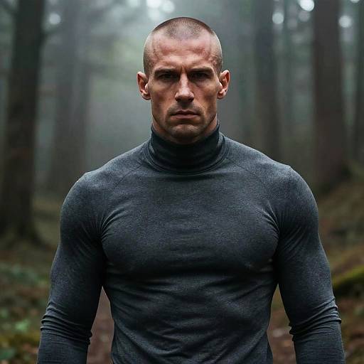 Serious Man in Dark Turtleneck Posing in Misty Forest