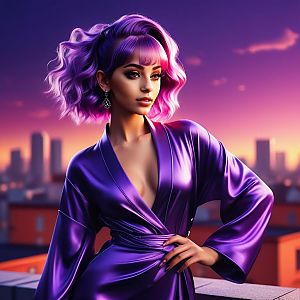 Stylish Woman with Purple Hair in Cityscape at Sunset