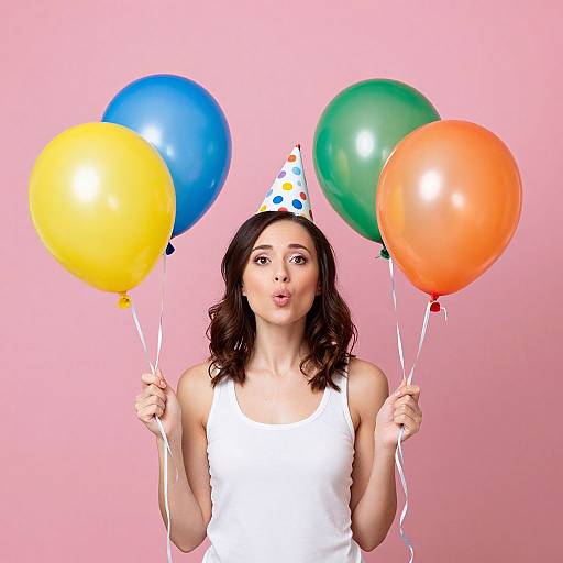 Young Woman Wearing Party Hat Holding Colorful Balloons on Pink Background