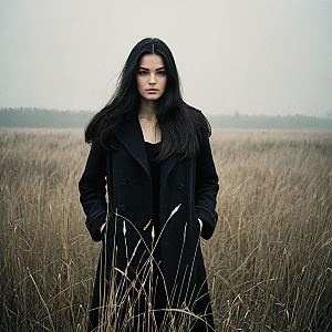 Moody Portrait of Woman in Black Coat in Foggy Field
