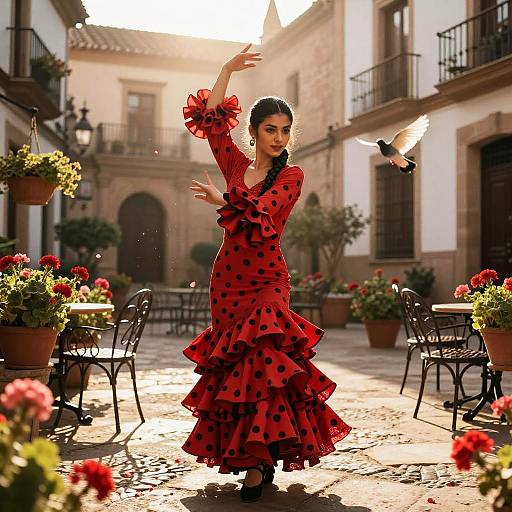 Flamenco Dancer in Traditional Red Polka Dot Dress Performing in Sunny Courtyard