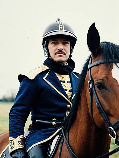 Man in Historical Horse Rider Costume with Brown Horse Photorealistic Headshot