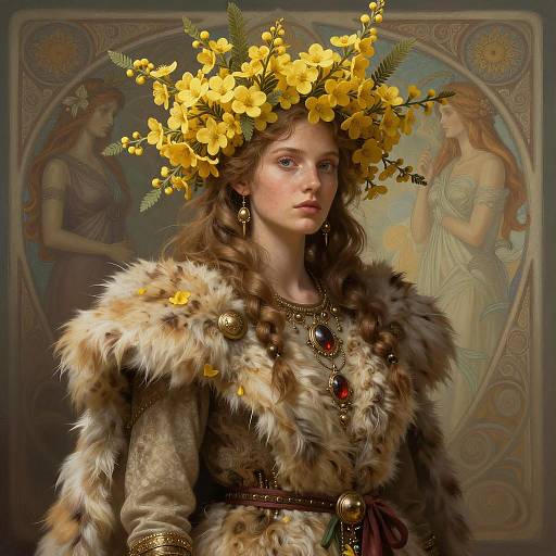 Anthropomorphic Norse Mythology Woman with Mimosa Flower Headdress Portrait