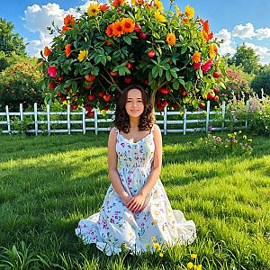 Woman in Floral Dress in Green Field with Colorful Tree