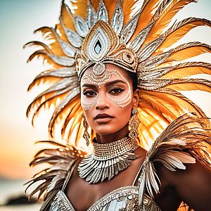 Woman in Golden Feathered Attire at Sunset