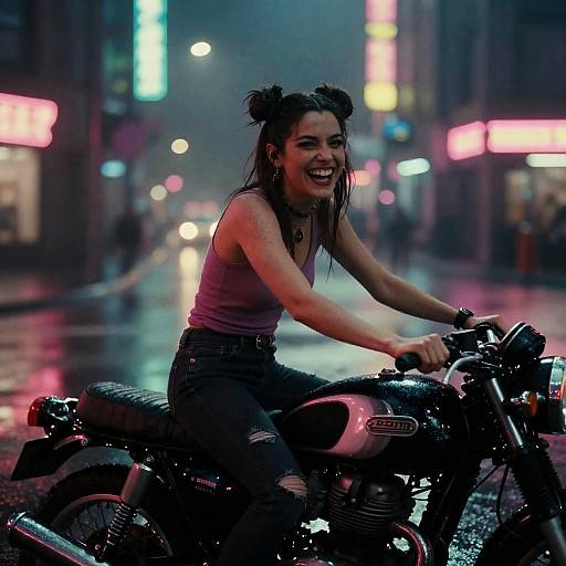 Happy Gen Z Woman on Classic Motorcycle in Neon City Night