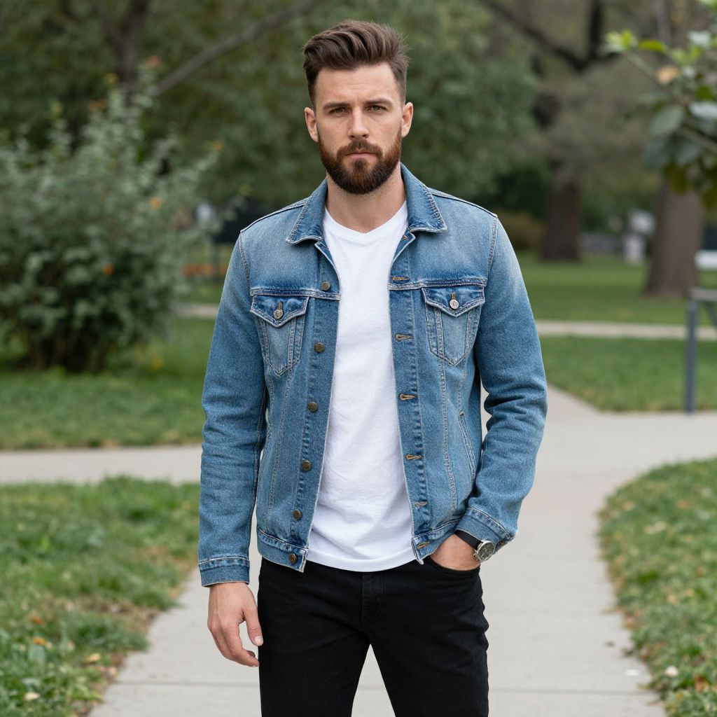 Confident Young Man in Denim Jacket Outdoors on Pathway