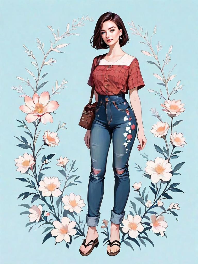 Realistic Young Woman in Cropped Halter Top and Floral Embroidered Jeans