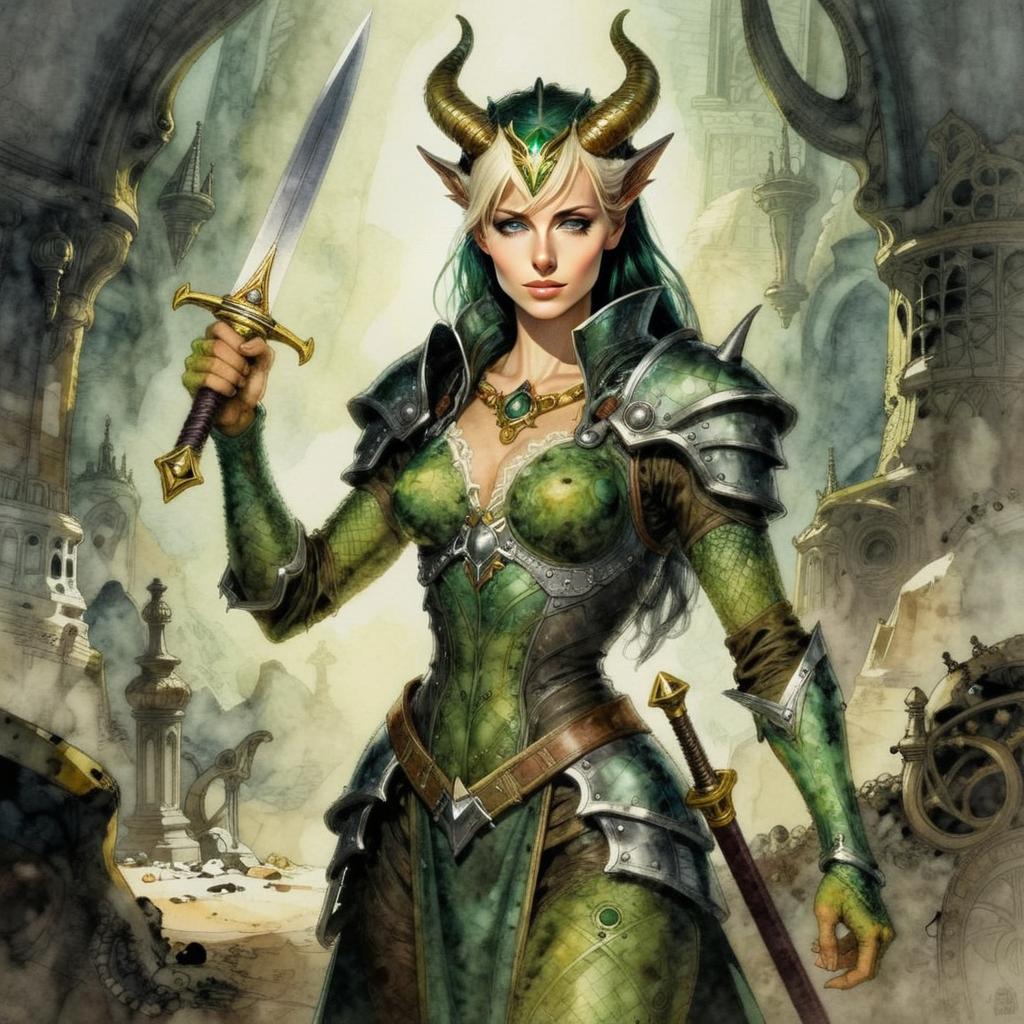 Fantasy Warrior Woman Elf in Green Armor with Sword and Horned Helmet