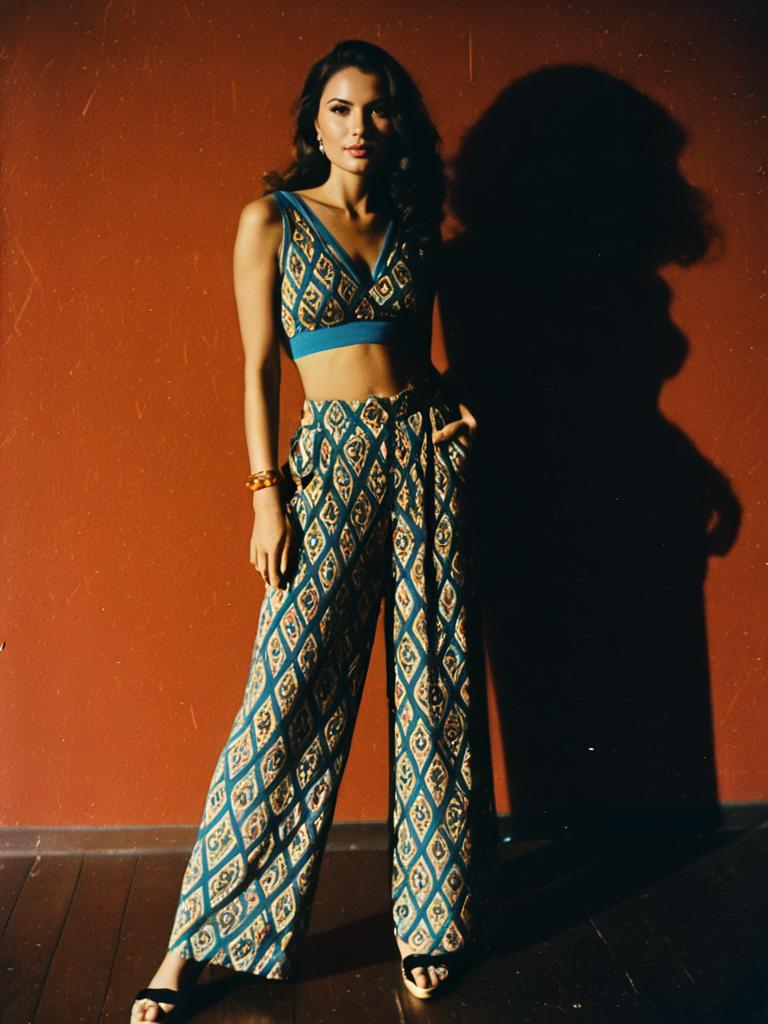 Bohemian Sleeveless Crop Top and Wide-Leg Pants with Intricate Gold Beading