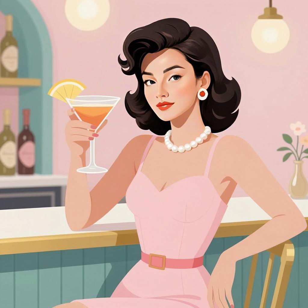 Elegant Woman in Vintage Style Holding Cocktail at Bar