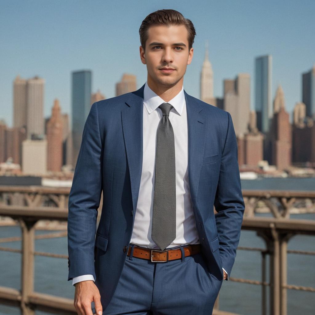 Fashionable Man on Brooklyn Bridge with NYC Skyline