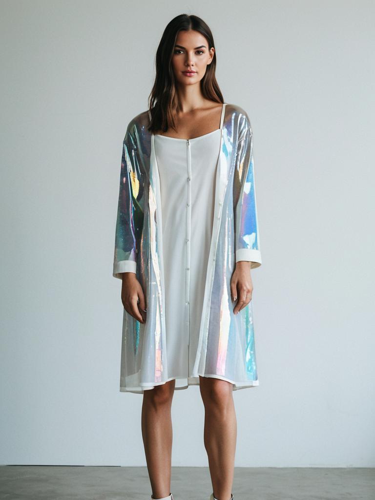 Woman in Holographic Sheer Iridescent Coat with Pearlescent Sheen