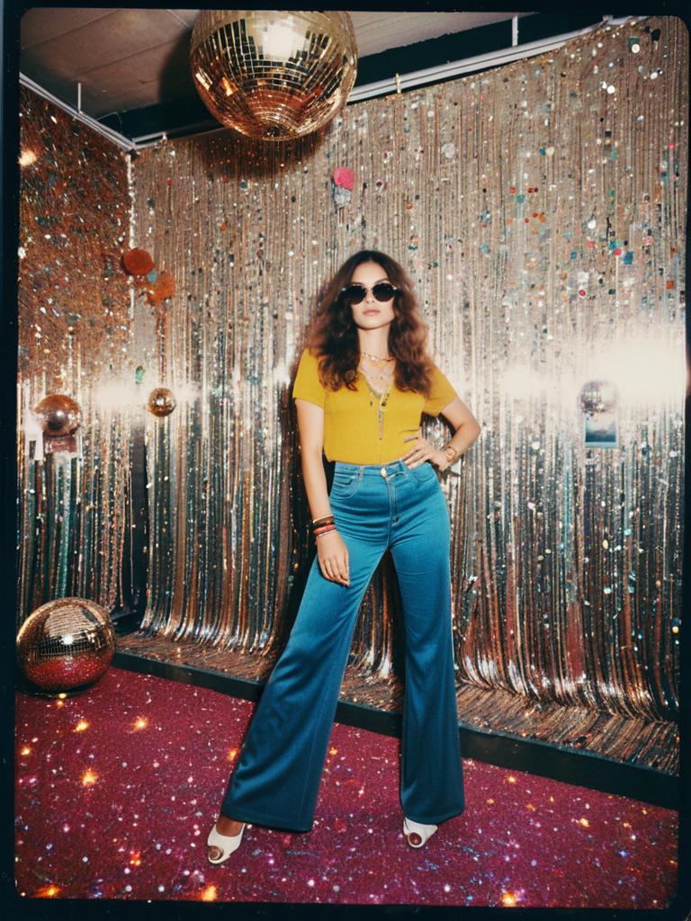 Retro Style Woman in Mustard Top and Blue Bell-Bottoms with Disco Backdrop