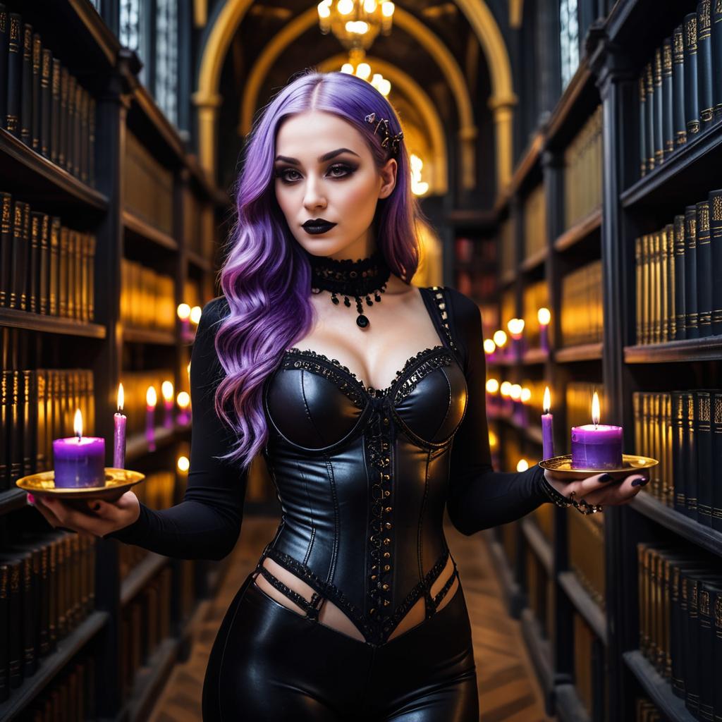 Gothic Woman with Purple Hair Holding Candles in Ornate Library