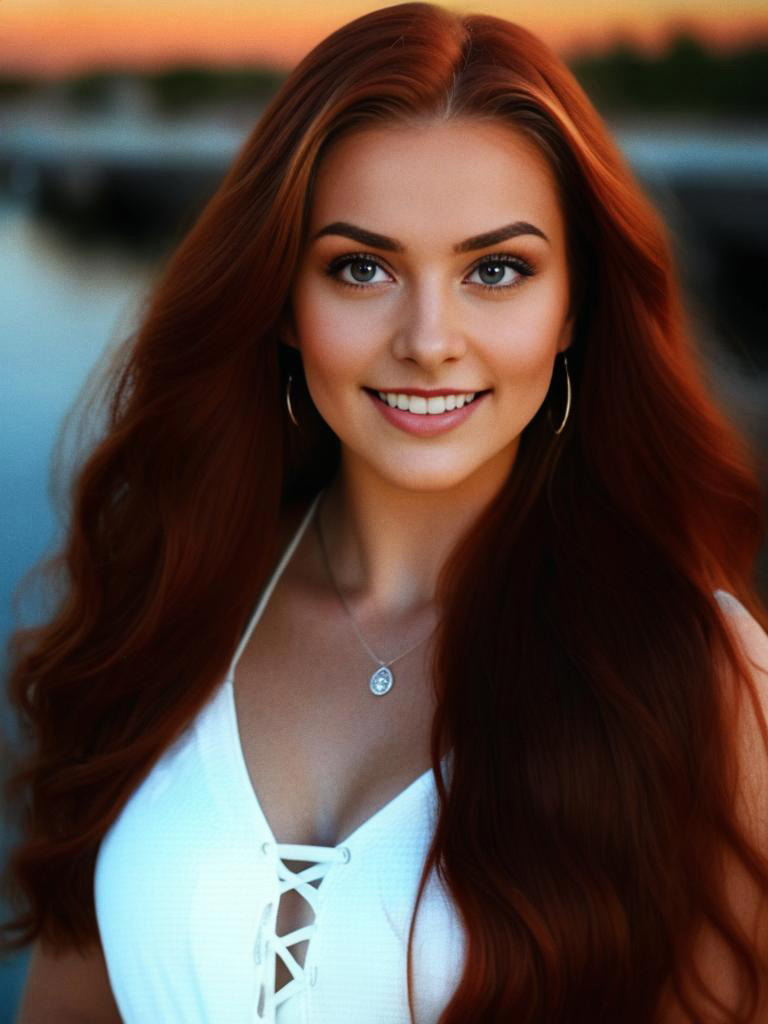 Woman with Red Hair in Stylish White Outfit