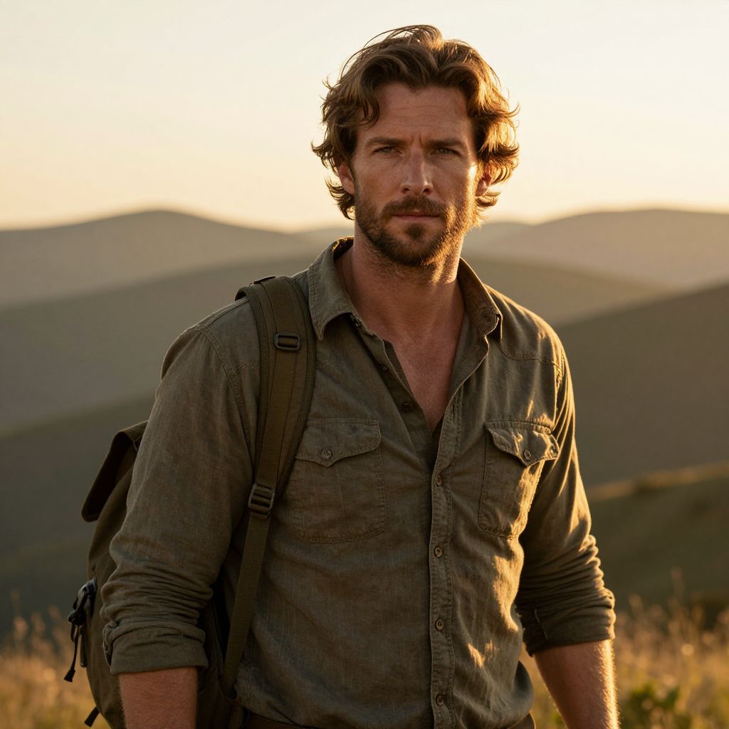 Man Hiking Outdoors in Golden Hour with Backpack