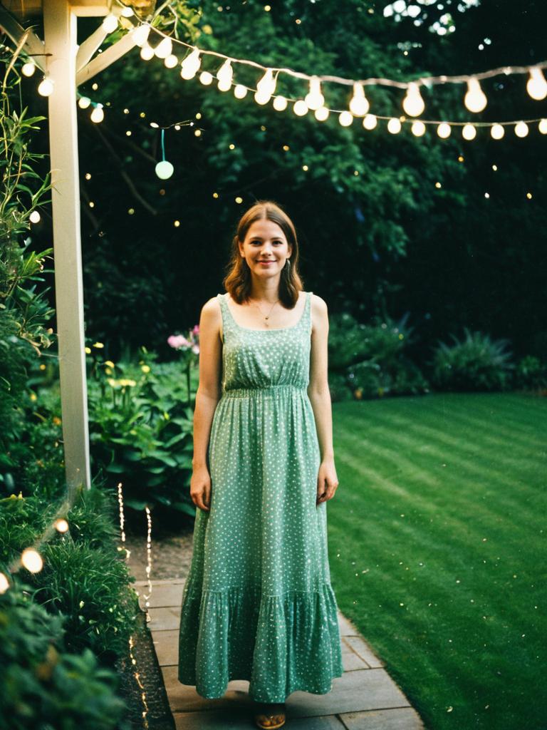 Young Woman in Green Polka Dot Dress in Garden with String Lights