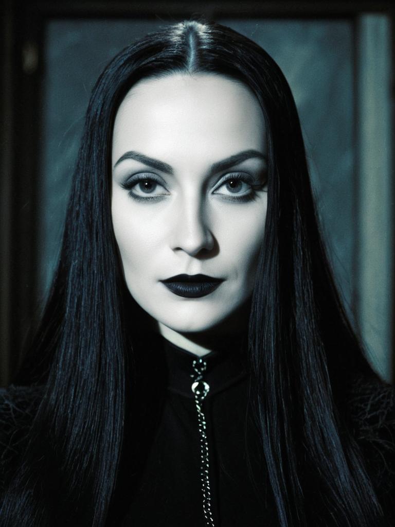 Woman in Morticia Addams Costume Close-up with Pale Skin and Gothic Makeup