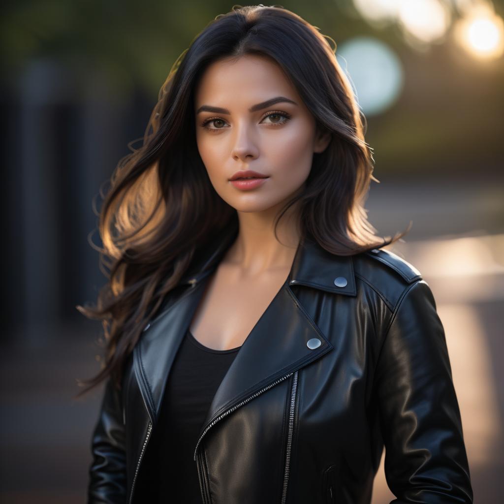 Confident Young Woman in Black Leather Jacket