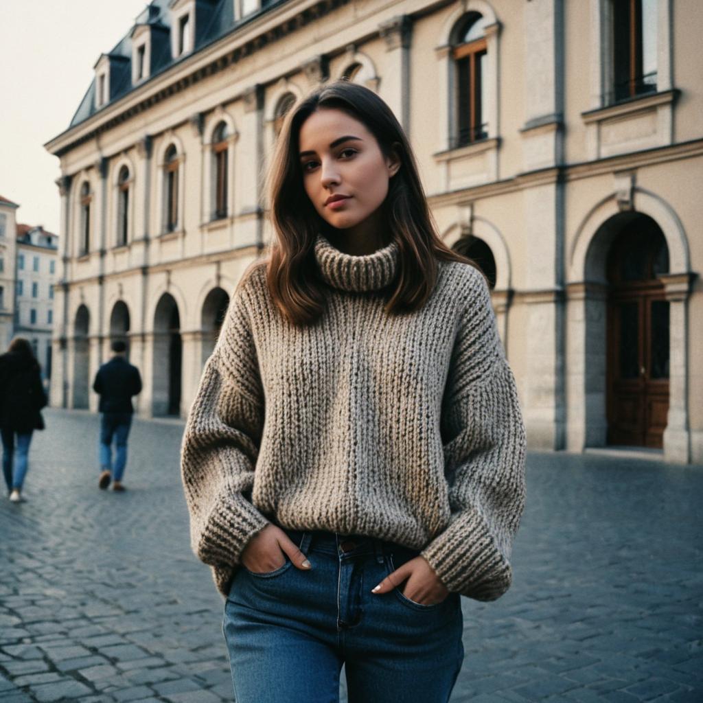 Young Woman in Chunky Knit Sweater on European Street