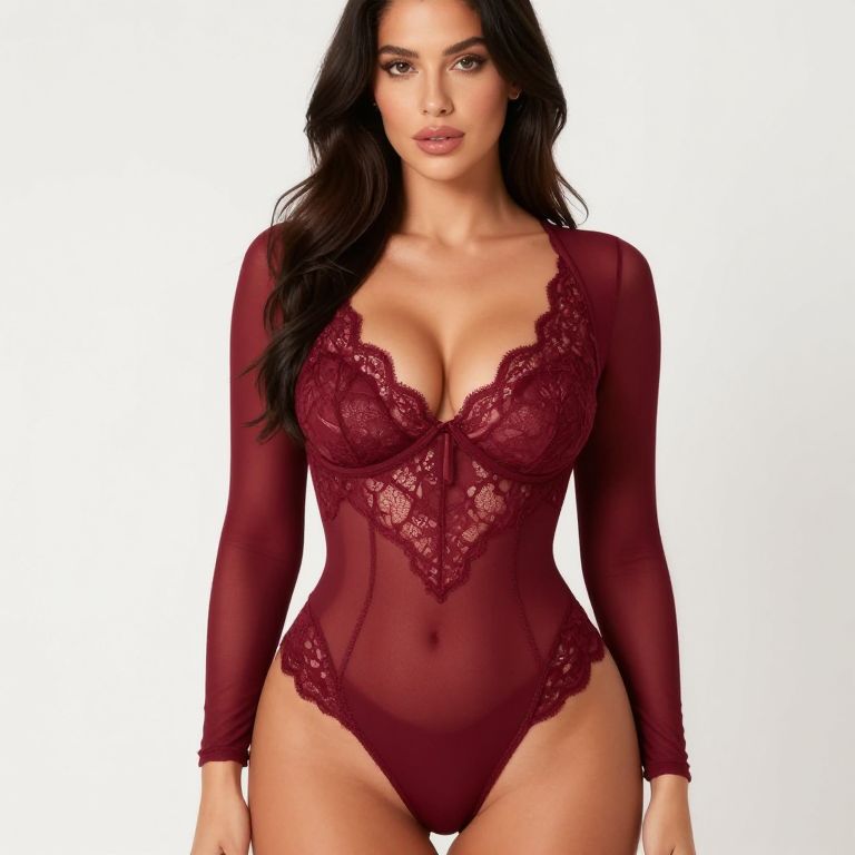 Burgundy Lace Sheer Long Sleeve Bodysuit on Woman