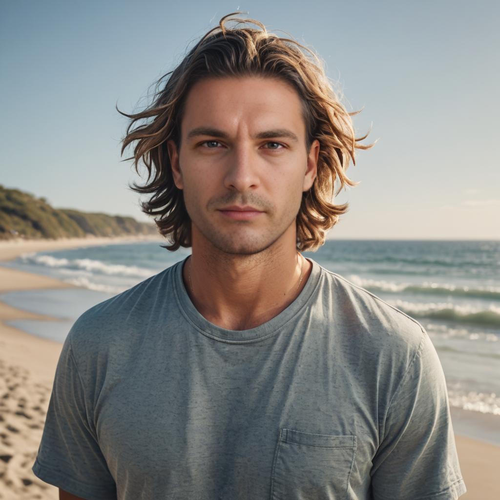 Man with Wavy Hair on Serene Beach