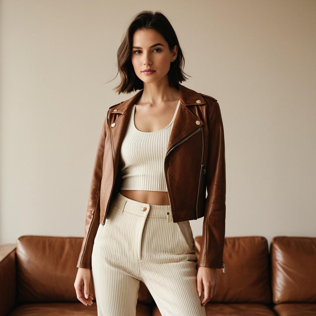Young Woman in Brown Leather Jacket and Ribbed White Outfit in Modern Interior