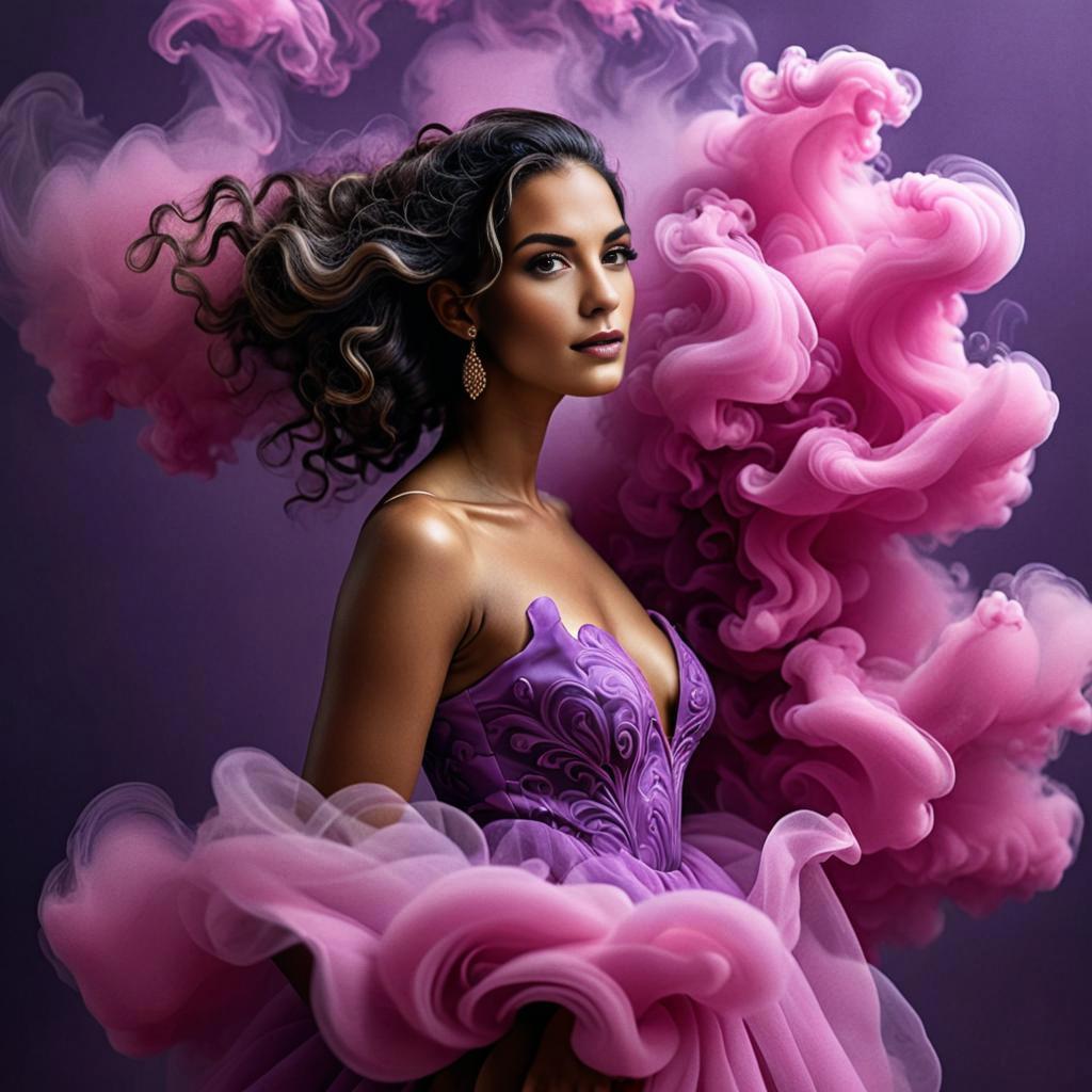 Elegant Woman in Purple Dress with Pink Smoke