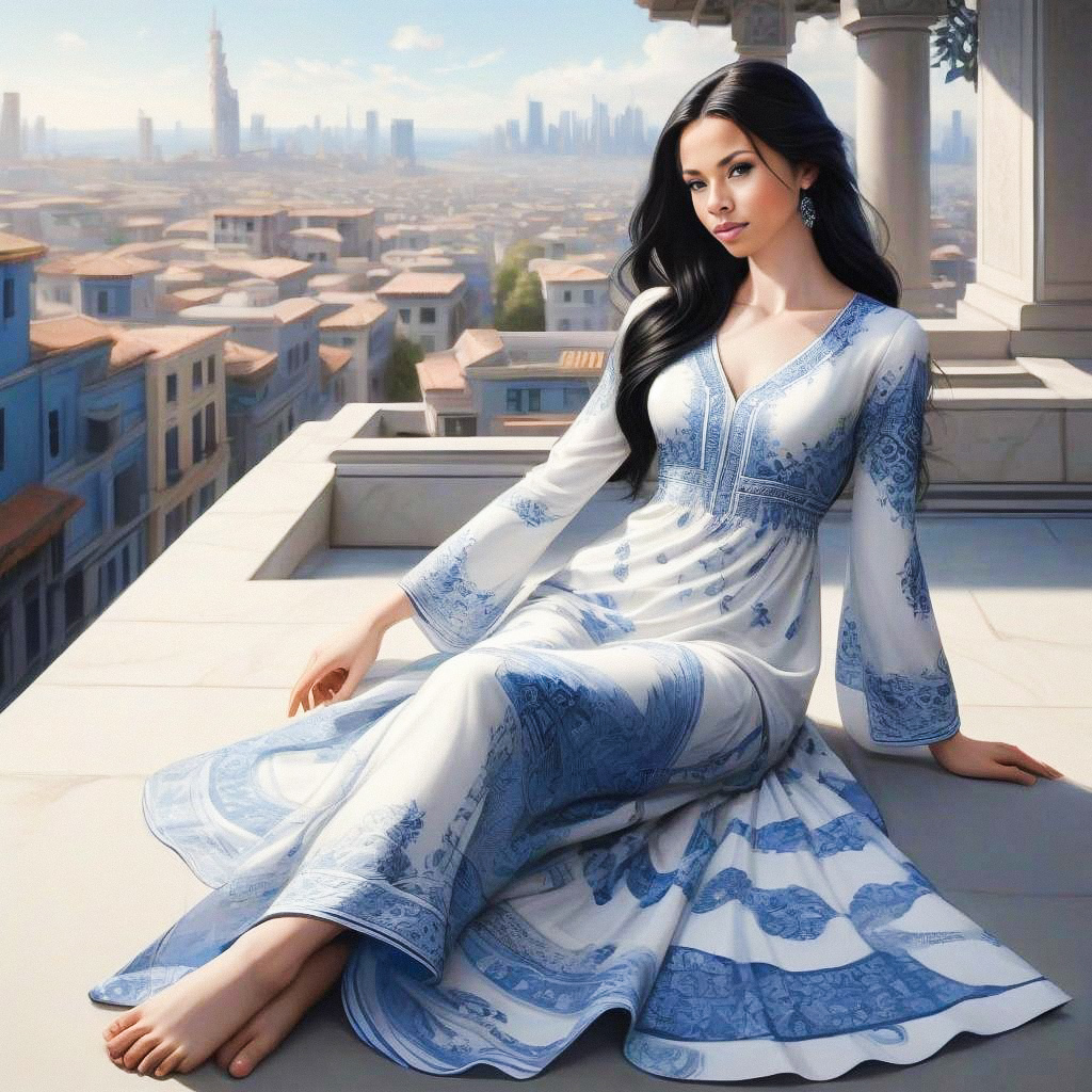 Serene Woman on Balcony Overlooking Cityscape