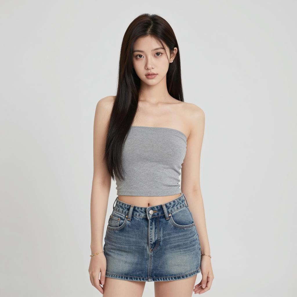 Young Woman in Grey Tube Top and Denim Mini Skirt Casual Gen Z Fashion