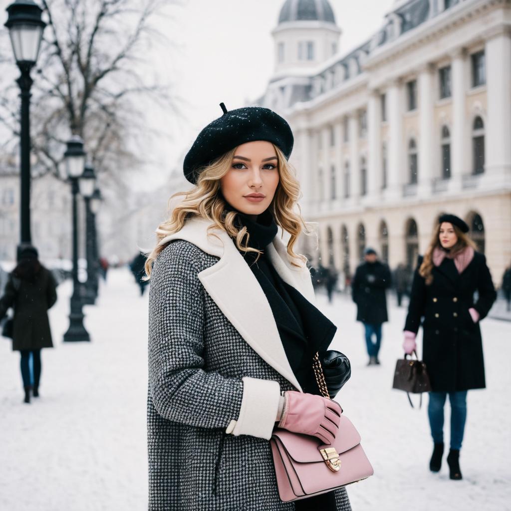 Elegant Woman in Winter Fashion with Beret and Pink Handbag in Snowy City