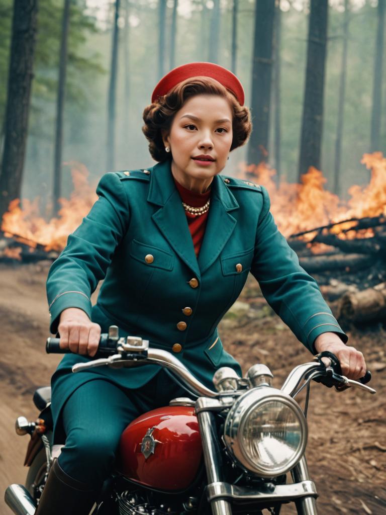 Queen on Motorcycle in Forest with Fire