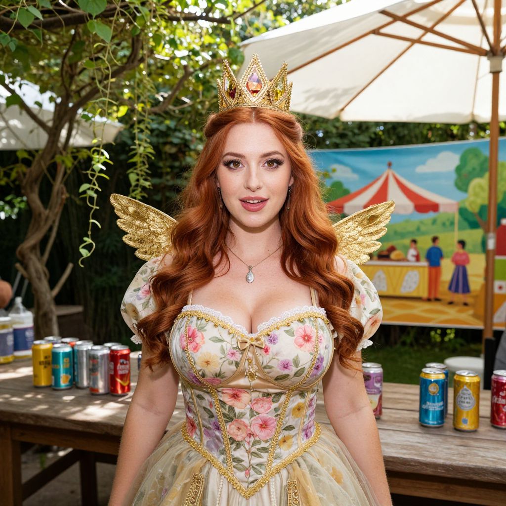Red-Haired Fairy Princess Woman in Floral Corset Dress at Outdoor Carnival