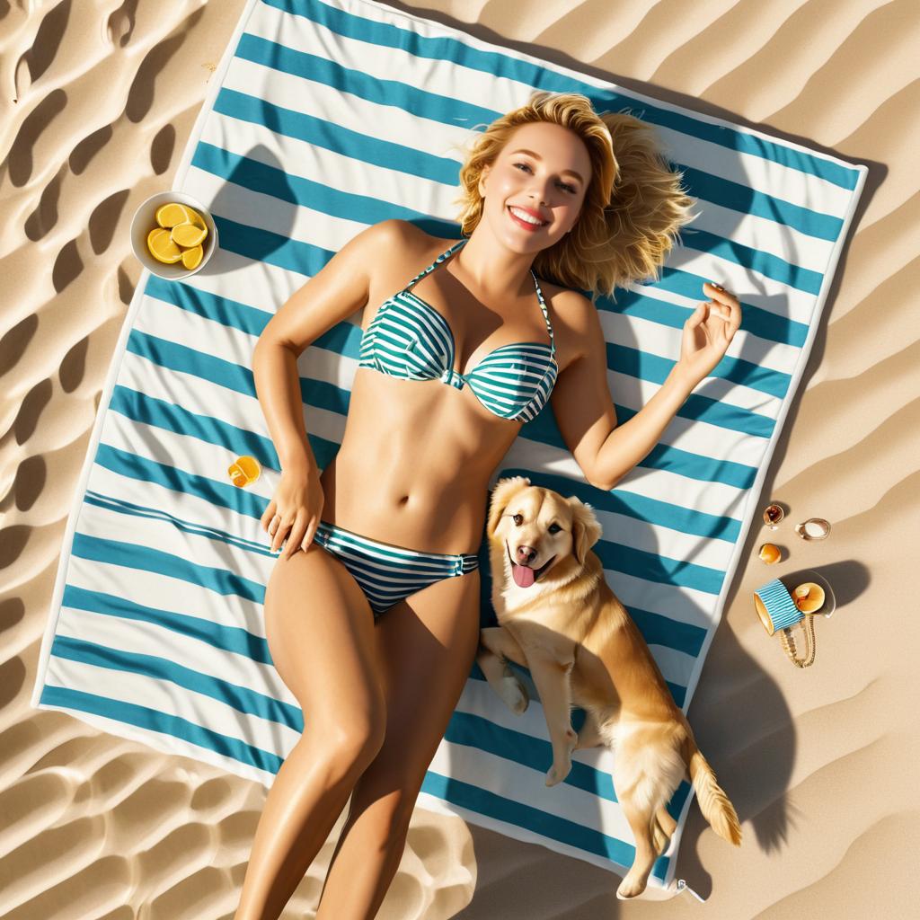 Cheerful woman with dog at sunny beach