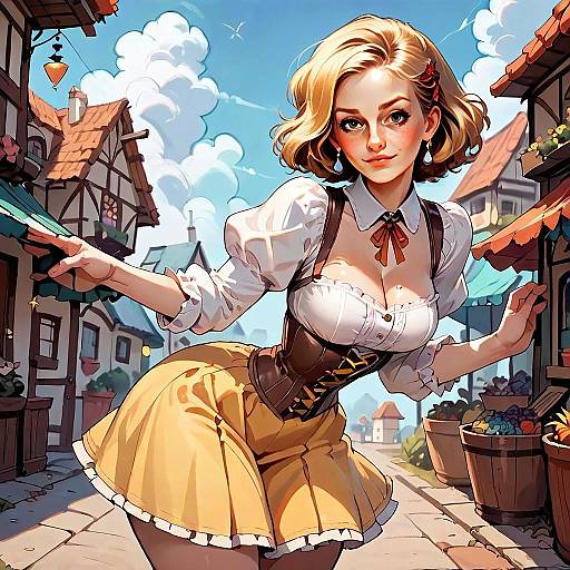 Fantasy Style Young Woman in Medieval Village Digital Illustration