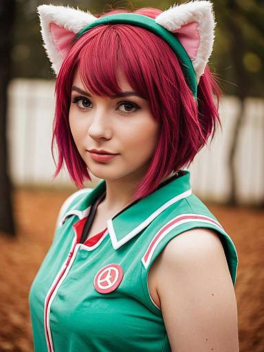 Woman with Red Hair Cosplaying in Green Outfit and Cat Ears Headband