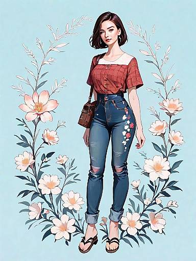 Realistic Young Woman in Cropped Halter Top and Floral Embroidered Jeans