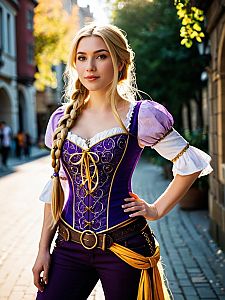 Confident Young Woman in Purple Gold Medieval Costume