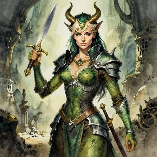 Fantasy Warrior Woman Elf in Green Armor with Sword and Horned Helmet