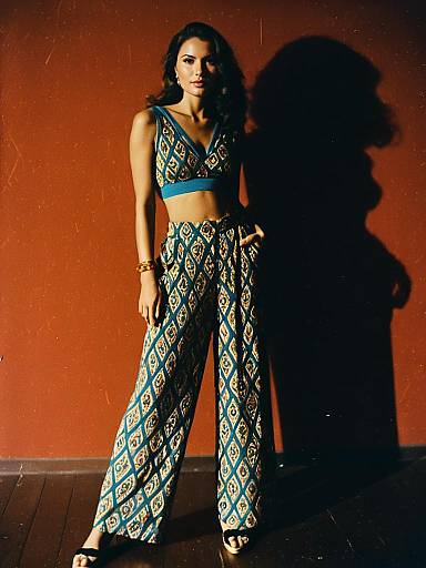 Bohemian Sleeveless Crop Top and Wide-Leg Pants with Intricate Gold Beading
