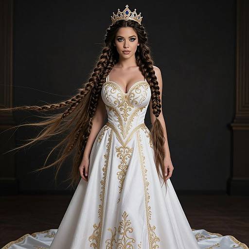 Elegant Woman in White and Gold Embroidered Gown with Crown and Braided Hair