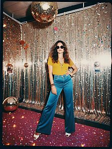 Retro Style Woman in Mustard Top and Blue Bell-Bottoms with Disco Backdrop